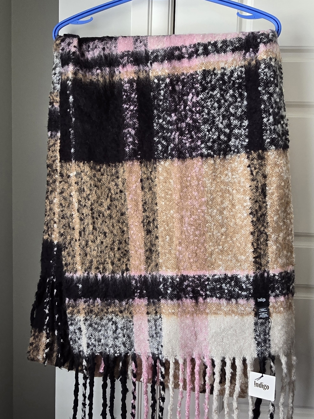 Indigo Plaid Fringe Scarf in Pink, Tan & Black
